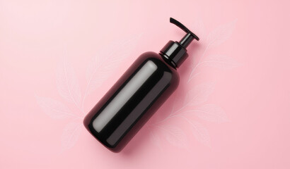 Fototapeta premium close up top view of black pump bottle on pink background