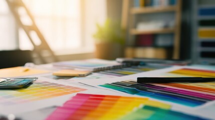 Minimalist creative setup with swatches and design equipment, suitable for advertising concepts, art director visuals, or graphic project promotions.