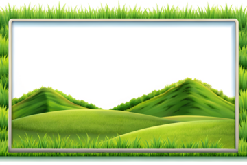 Scenic green hills landscape with grass frame and blank space for text, isolated on transparent background, perfect for nature themed designs