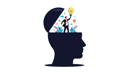 Illustration of a person holding a glowing light bulb inside an open head symbolizing innovation and new ideas emerging from the mind