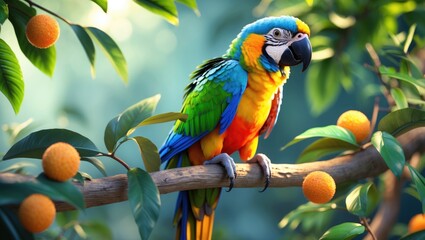 Obraz premium Colorful parrot on a branch with green leaves and orange fruits in the background.