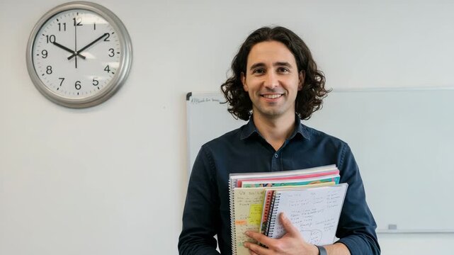 Young male teacher holding stack of notebooks in front of classroom whiteboard