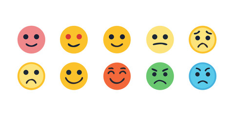 Obraz premium Emoticons icons set. Emoji faces collection. Emojis flat style. Happy happy, smile, neutral, sad and angry emoji. Line smiley face - stock vector