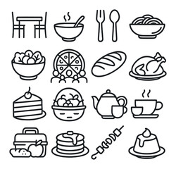 Collection of food and dining icons featuring meals and utensils