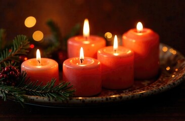 Soy candles burn in glass jars. Comfort at home. Candle in a brown jar. Scent and light. Scented handmade candle. Aroma therapy. Christmas tree and winter mood. Cozy decor. Festive garland decoration.