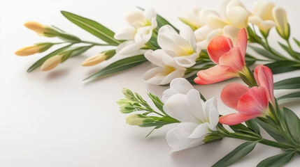 Beautiful watercolor botanical illustration of freesia flowers various colors, showcasing their delicate petals and lush