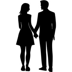 Black silhouette of a romantic couple holding hands. A man and a woman in love, standing and looking at each other on a white background.
