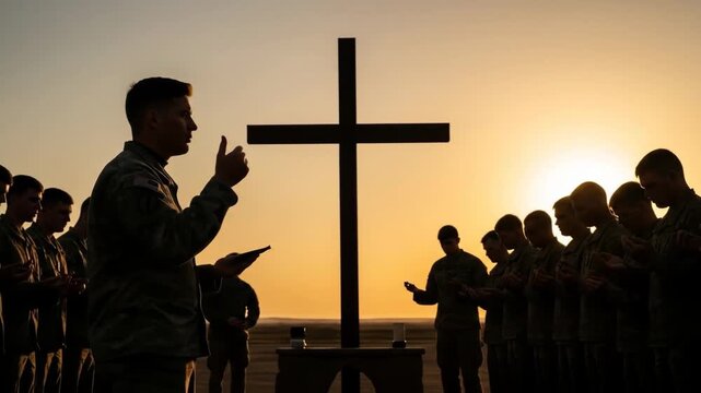 Soldiers Praying at Sunset - A chaplain leads a group of soldiers in prayer at sunset, silhouetted against the bright orange sky.