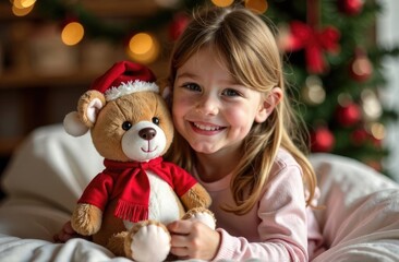 little girl in a Santa Claus hat with teddy bear sitting on the window. The child looks out the window and waiting for Christmas, Santa Claus