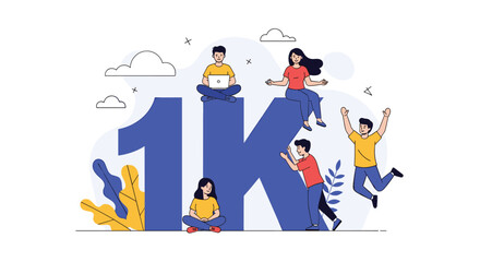 Naklejka premium Celebrating reaching one thousand followers with a vibrant and energetic community gathering illustration
