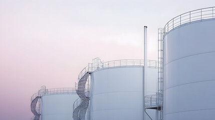 Contemporary design of petroleum storage tanks against a pastel sky