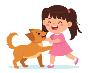 Fototapeta premium happy cute little kid playing with dog child adorable playful outdoor fun puppy pet friendship illustrations