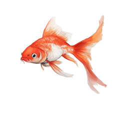 Vibrant goldfish with orange and white scales gracefully swims through water, showcasing its