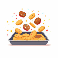 A sweet explosion of freshly baked cookies with colorful confetti sprinkles bursting from a baking tray.