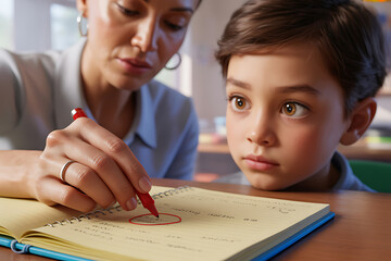 Focused mother helping child with schoolwork, circling a mistake with a red marker in notebook, learning together
