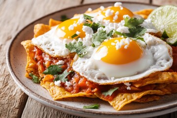 Close up of traditional mexican chilaquiles with fried eggs and cheese