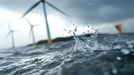 Wind turbines stormy weather water splash ocean renewable energy dramatic sky