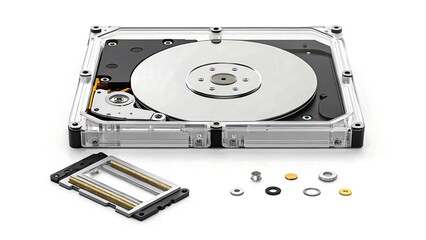 Explore the intricate inner workings of a modern hard drive with this detailed exploded view