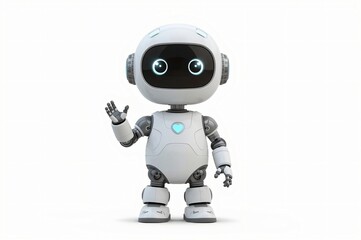 Friendly robot waving, white background, AI, tech