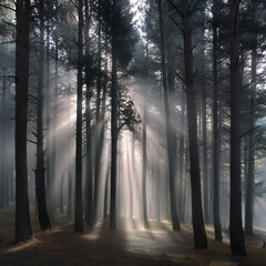 Fototapeta premium Morning sunlight through misty pine forest