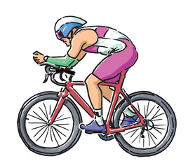 Cyclist athlet in helmet riding bicycle in competetion, side view, vector hand drawing on white background