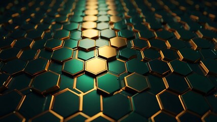 A futuristic concept featuring a hexagonal pattern with glowing golden tiles on a dark green surface, an abstract technology background.