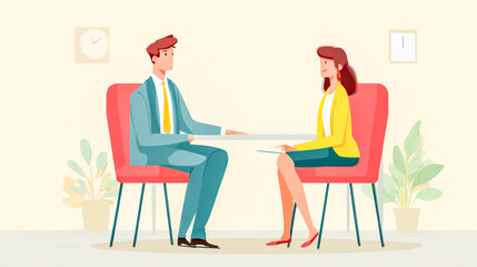 Professional Business Meeting between a Man and a Woman with Plants and Clocks in the Office Setting