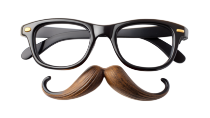 Funny mustache and glasses isolated on transparent background, a retro hipster style accessory for a party or disguise, closeup studio shot