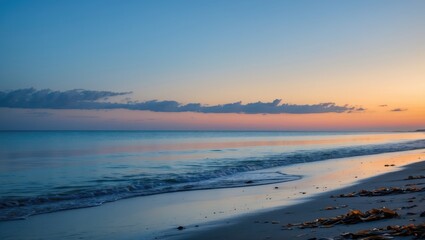 Fototapeta premium Serene beach scene at sunset with calm ocean waters and a clear sky over the sandy shore. Beautiful coastal landscape during twilight.