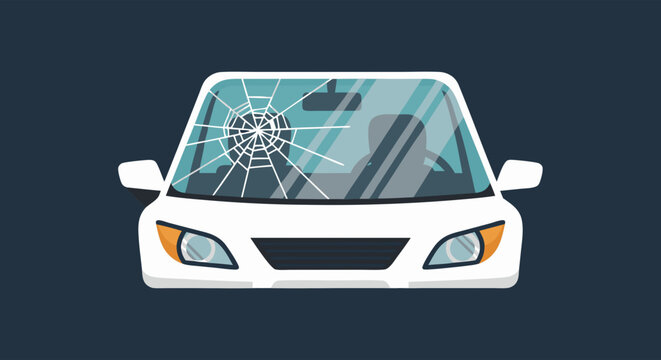 Vector illustration of a car with a cracked windshield depicting accident damage and repair needs for insurance purposes