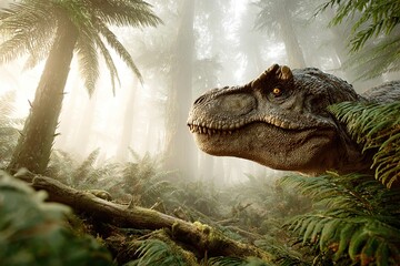 Majestic dinosaur explores a prehistoric forest in soft morning light