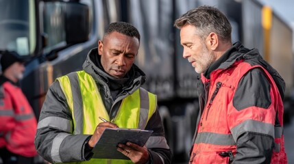Fototapeta premium Professional customs officer interacts with driver at vehicle checkpoint reviewing shipping papers and conducting thorough cargo inspection for contraband.