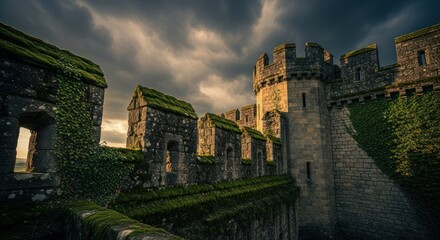 Ancient stone castle walls, overgrown with moss, dramatic sky