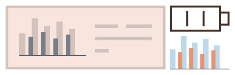 Obraz premium Bar charts on analytics dashboard beside battery indicator for progress tracking. Ideal for energy, productivity, statistics, performance, monitoring, efficiency, technology themes. Simple flat