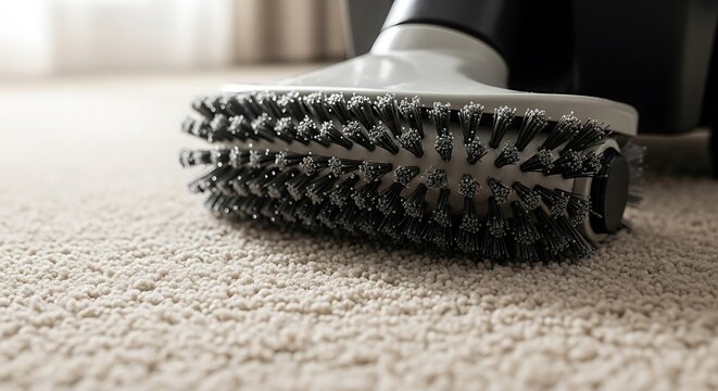 Housekeeping concept showing a close-up of a vacuum cleaner brush on a textured carpet, deep cleaning the floor. - Powered by Adobe