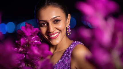 Smiling woman surrounded vibrant purple flowers at night
