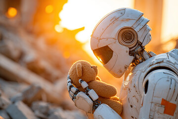 Humanoid robot gently holds a teddy bear amidst a backdrop of ruins at sunset