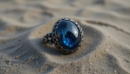 Dark Blue Glittering Stone Ring Encircling a Gray Pebble in Rippled Sand