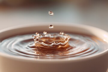 Coffee droplet creates ripples in warm liquid at a cozy caf? setting