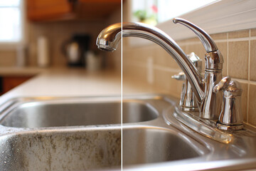 Before and after cleaning comparison of kitchen faucet and sink in a residential kitchen
