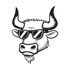 Cool bull with sunglasses &ndash; stylish cow animal modern apparel vector illustration on white background