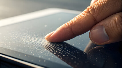 Macro photograph of a human fingertip touching a dusty tablet screen