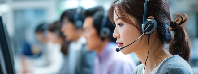 Asian woman wearing a headset working in a modern call center alongside colleagues, focused on customer support and communication tasks, ideal for service and tech support themes