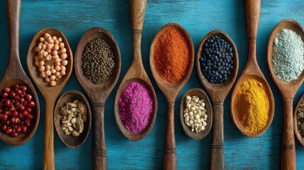 A vibrant collection of colorful spices and herbs displayed in wooden spoons on a textured surface