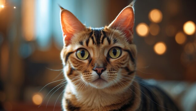 Close-up of a Bengal cat with yellow eyes and a distinctive coat pattern, indoor background with warm bokeh lights.