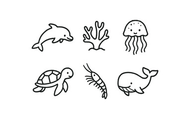 Obraz premium hand drawn cute doodle style line isolated on white background marine biologist (species): dolphin coral jellyfish sea turtle krill whale