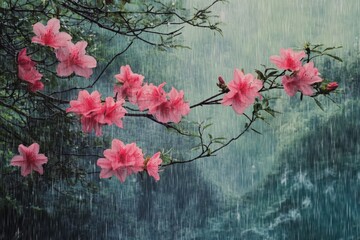 Beautiful pink azalea flowers blooming on branch in the rain season