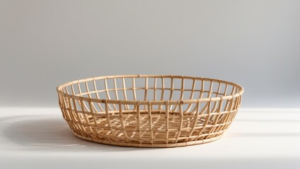 Obraz premium Empty woven basket on a light surface with a plain background.