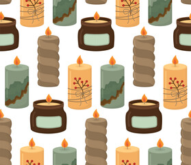 Seamless pattern with cozy burning decorative candles. Colorful background with home decorations