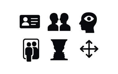 flat black solid icon items isolated on white background mirror reflection (concepts): identity duality perception self image illusion symmetry